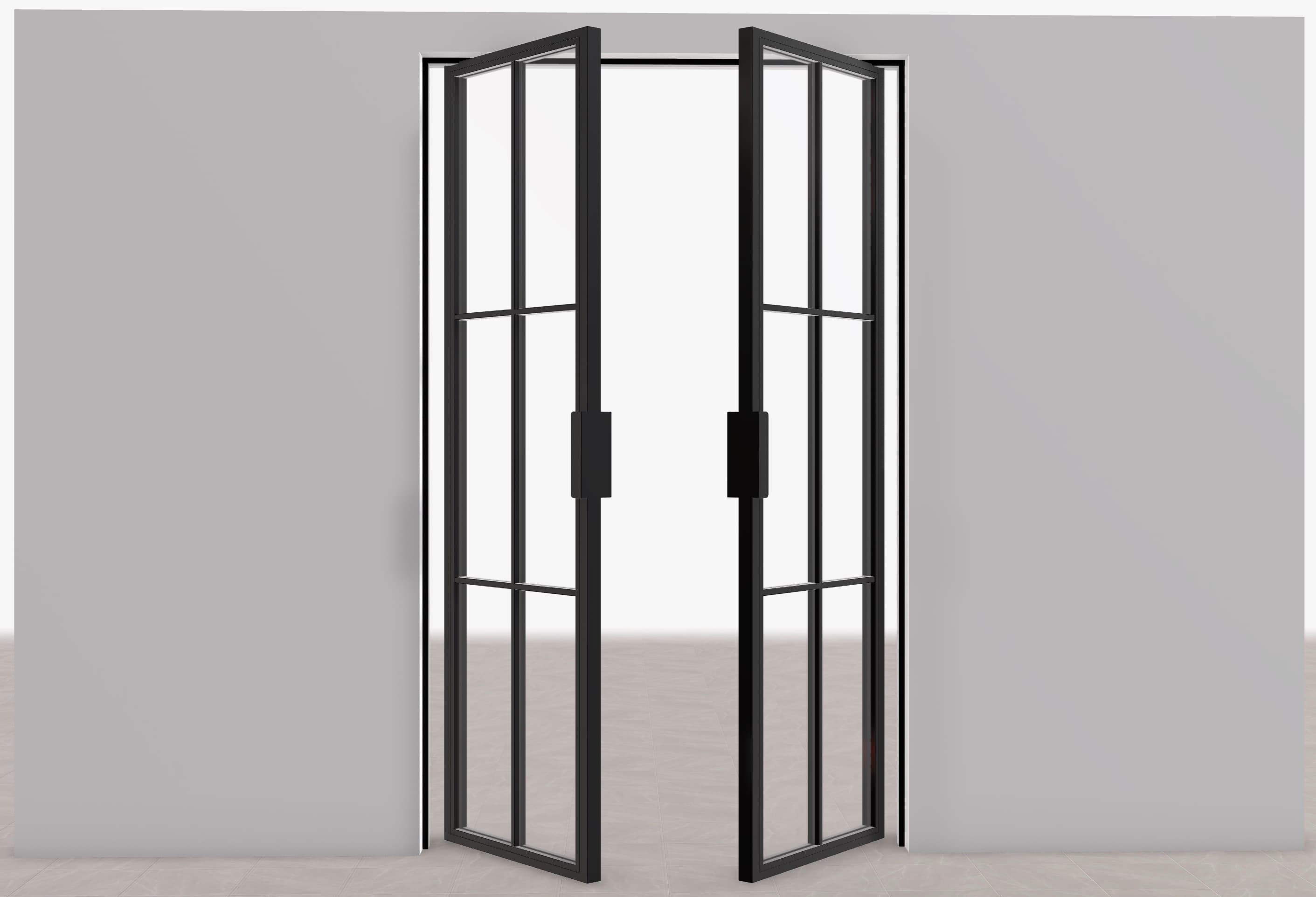 LoftVision Doppelpendeltür aus Stahl und Glas — zweiflügelige Pendeltür für offene Wohnkonzepte, beidseitig schwingend, maximaler Durchgang ohne Mittelpfosten