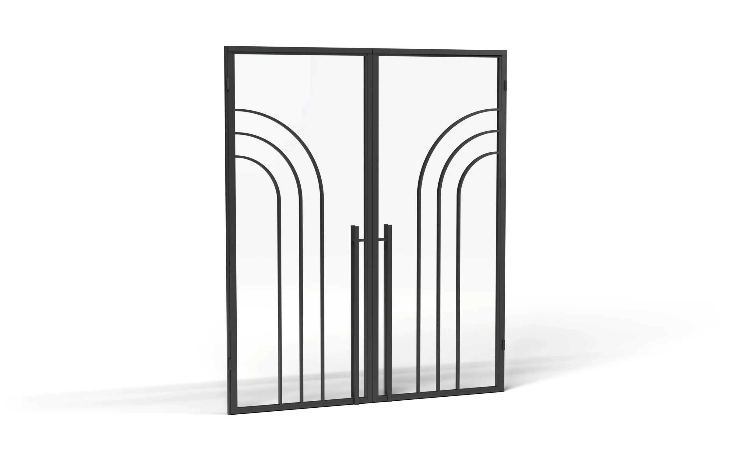 Schwingen im Ganzen: Doppeltür aus Stahl und Glas, in jedem Flügel drei gebogene Sprossen, im zweiten Flügel gespiegelt, frei auf hellem Papier