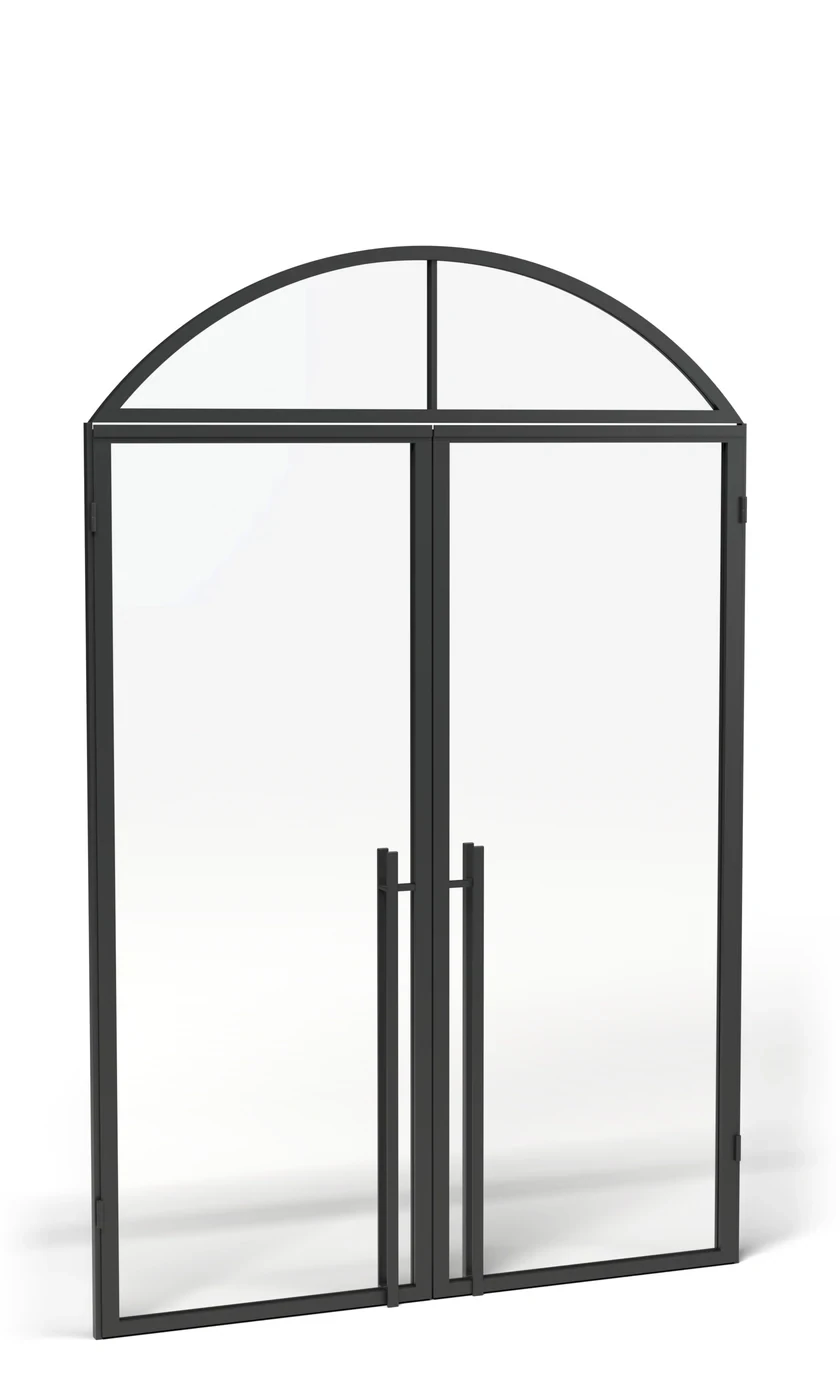 Bogenoberlicht Segment: Doppeltür aus Stahl und Glas mit Oberlicht im Segmentbogen
